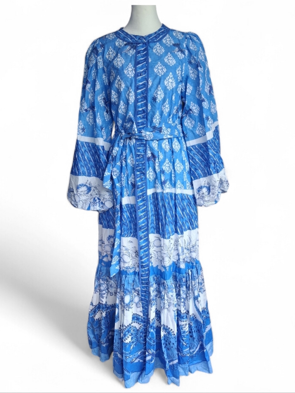 A Loves A Maxi Dress Border Print Mandarin Collar White & Blue S Crocodrile
